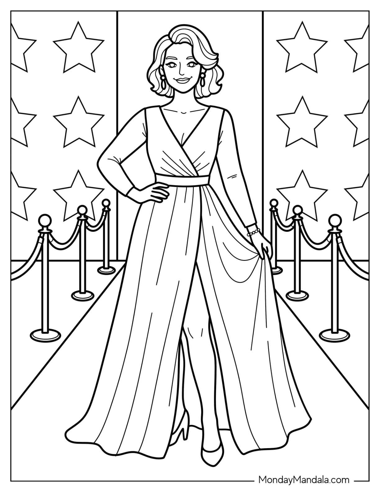 Woman Posing in an Elegant Red Carpet Dress Coloring Page for Kids coloring page