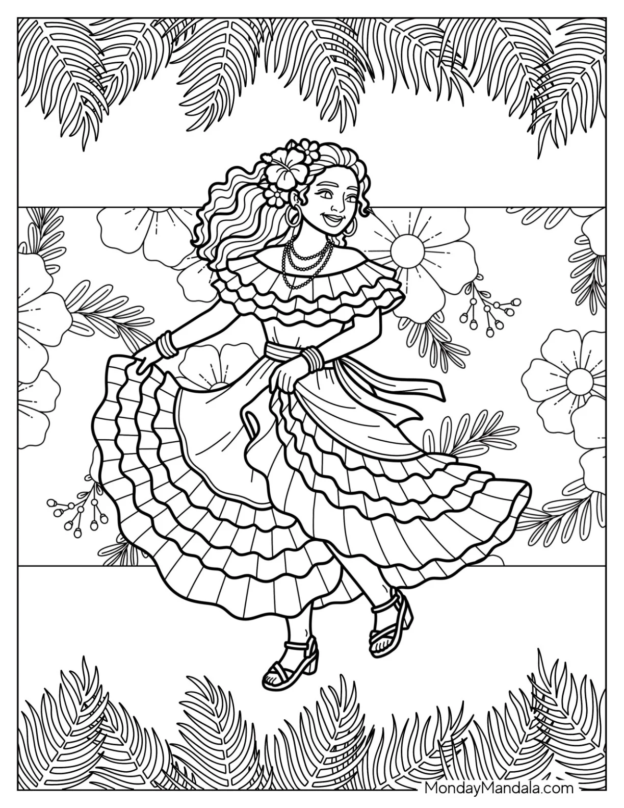 Woman Twirling in a Ruffled Floral Folk Dress Coloring Page coloring page