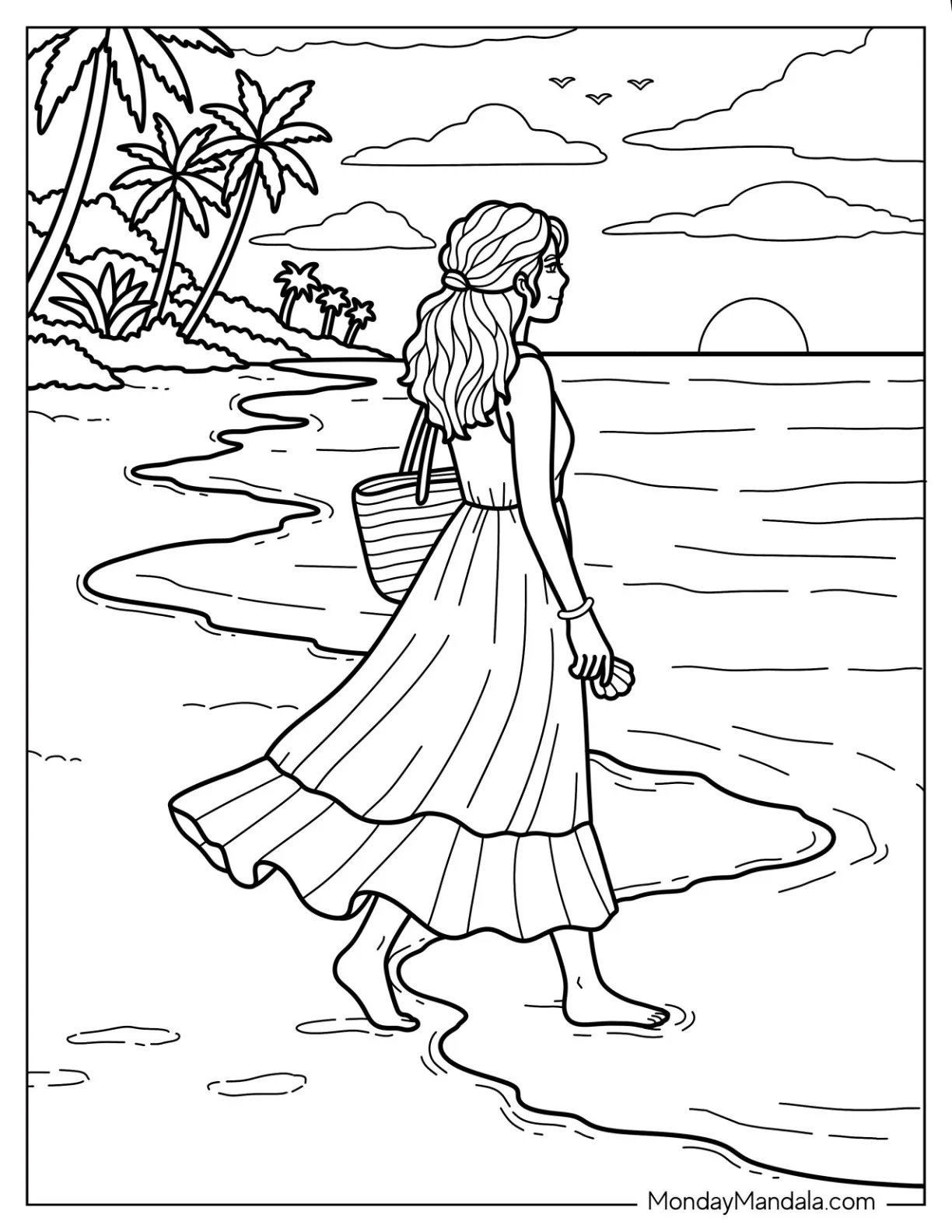 Woman Walking Along the Beach in a Flowing Summer Dress Coloring Page coloring page