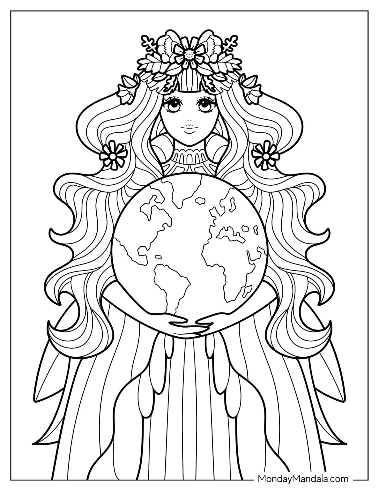 Beautiful Anime Girl Holding The Earth Coloring Page coloring page — printable line art