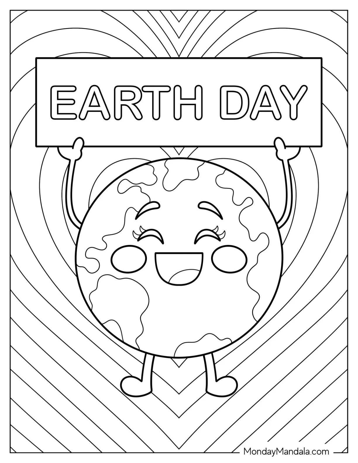 Cartoon Earth Holding Up Earth Day Banner Coloring Page coloring page — printable line art