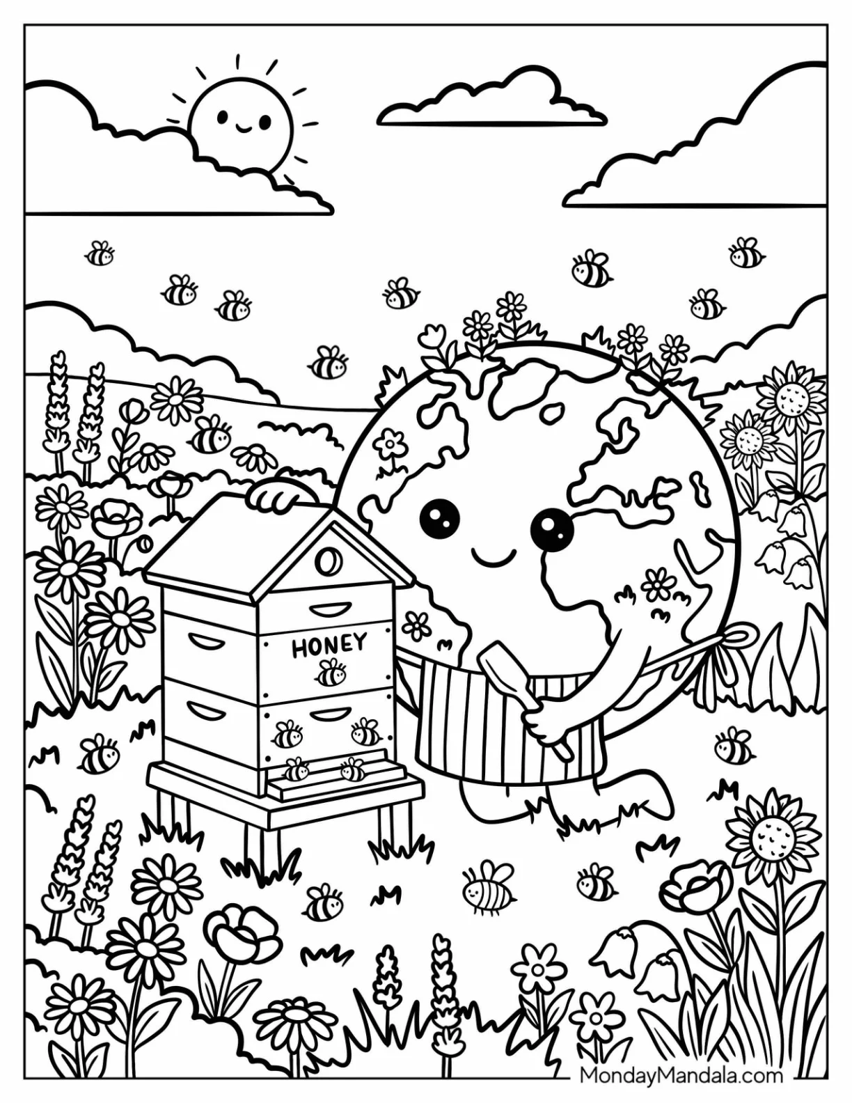 Cute Earth Tending a Beehive in a Flower Meadow Coloring Page for Kids coloring page