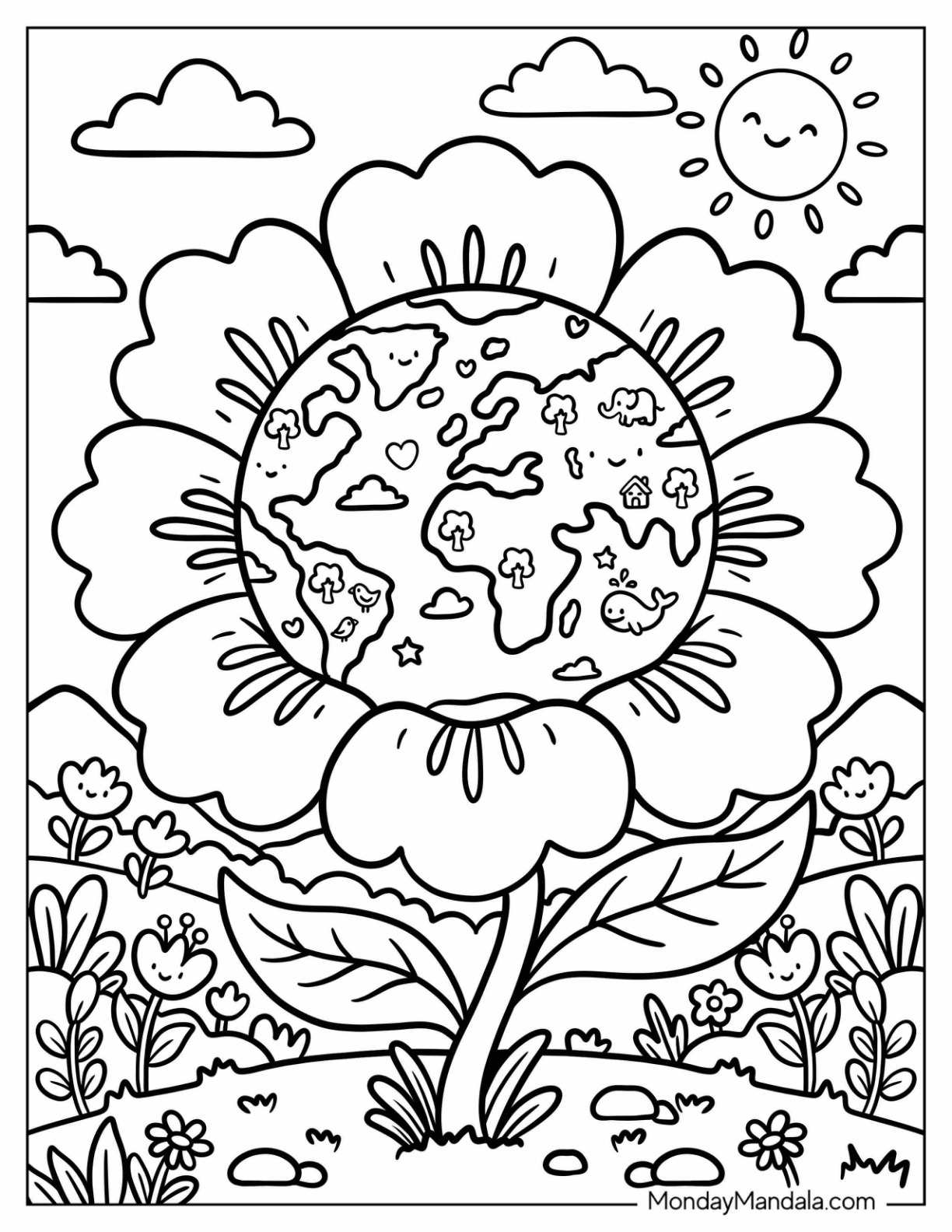 Earth Blooming Inside a Giant Flower Coloring Page coloring page — printable line art