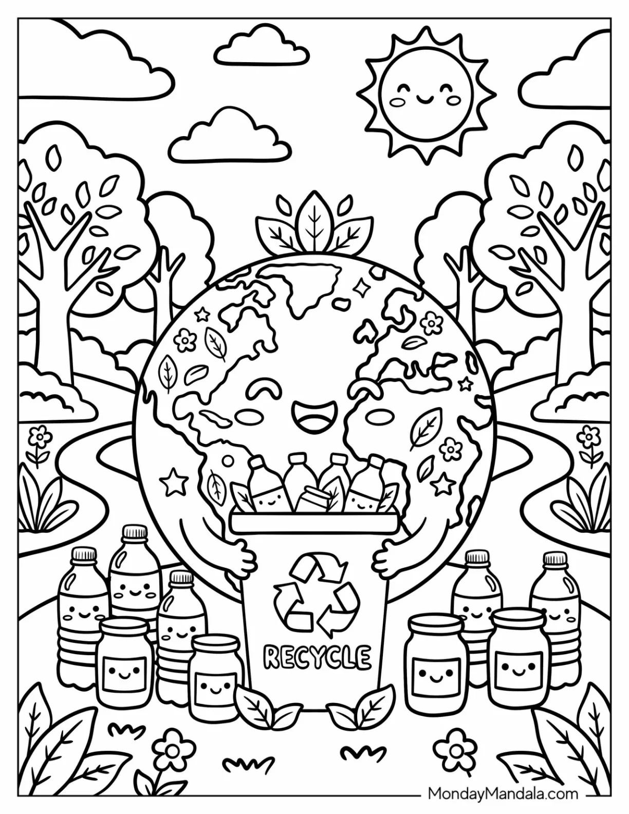 Earth Collecting Plastic Bottles and Cans for Recycling coloring page