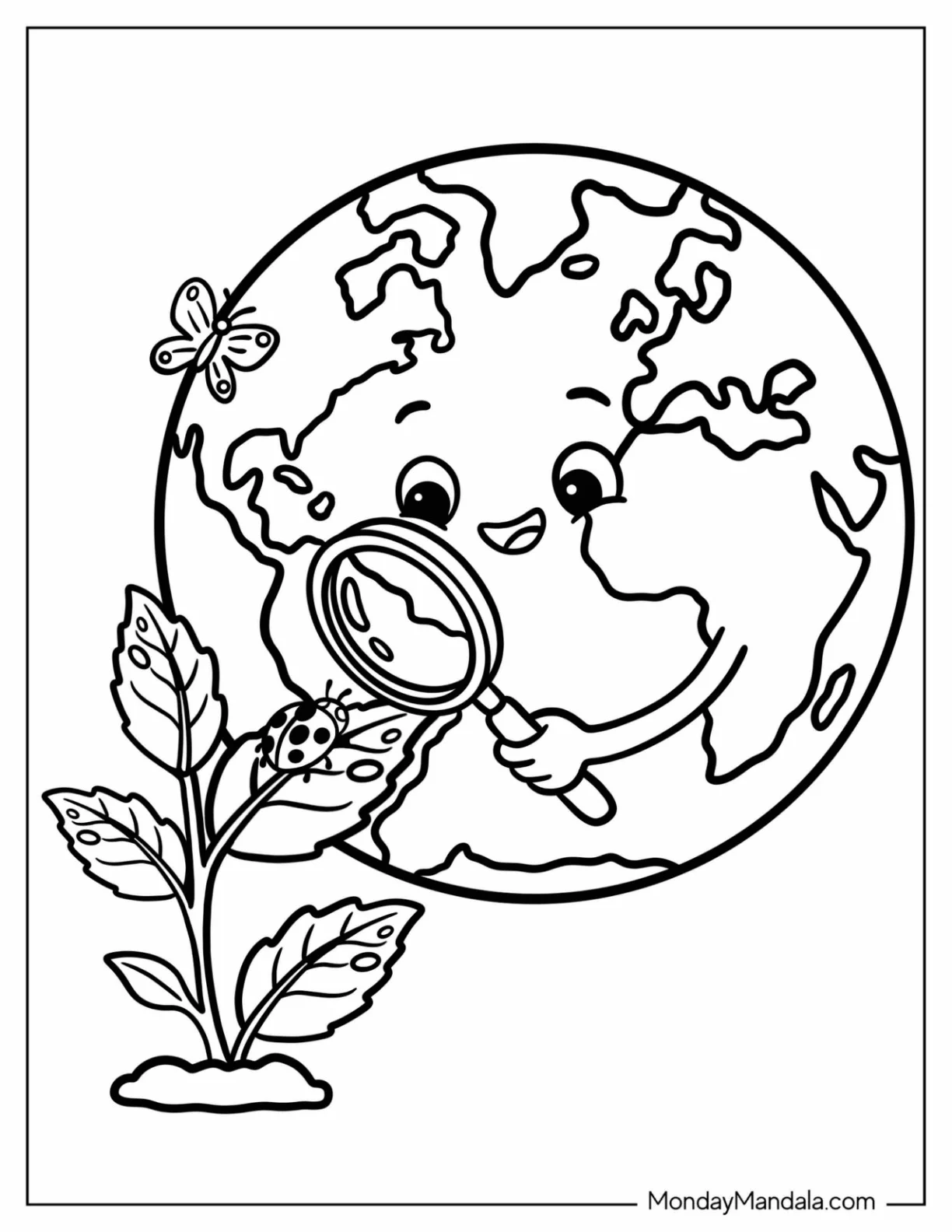 Earth Examining a Ladybug with a Magnifying Glass Coloring Page for Kids coloring page