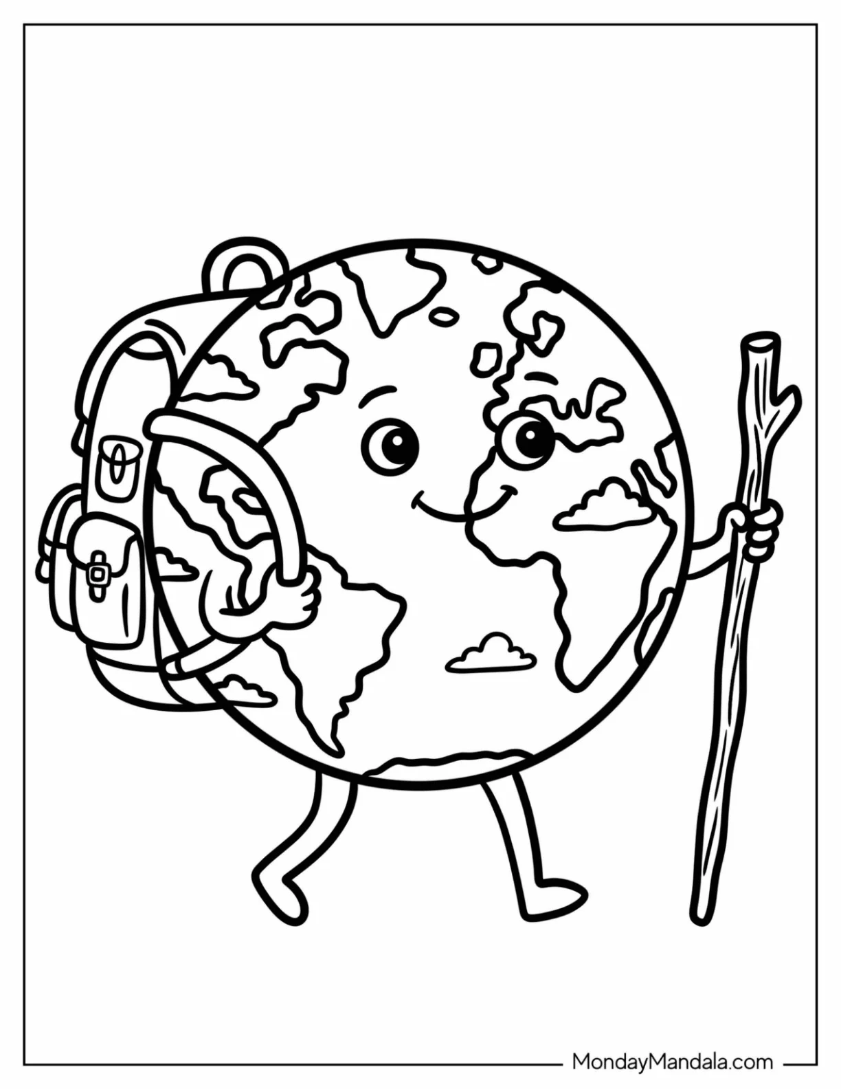 Earth Hiking with a Backpack and Walking Stick Coloring Page for Kids coloring page — printable line art