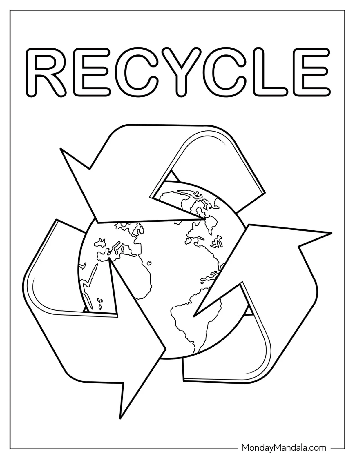 Earth Inside The Recycle Symbol Coloring Sheet coloring page — printable line art