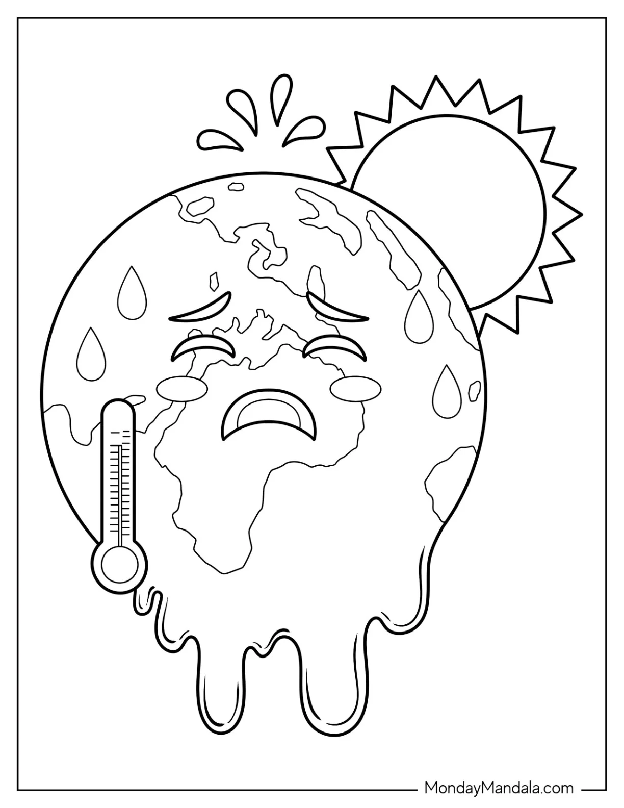 Earth Melting From Rising Temperature Coloring Page For Kids coloring page