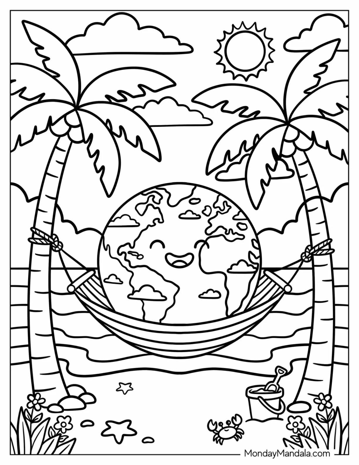 Earth Relaxing in a Hammock Between Palm Trees coloring page — printable line art