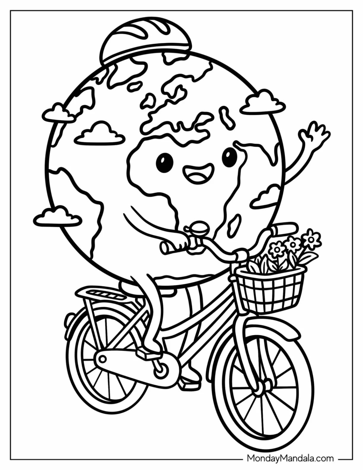 Earth Riding a Bicycle with a Basket of Flowers Coloring Page for Kids coloring page — printable line art
