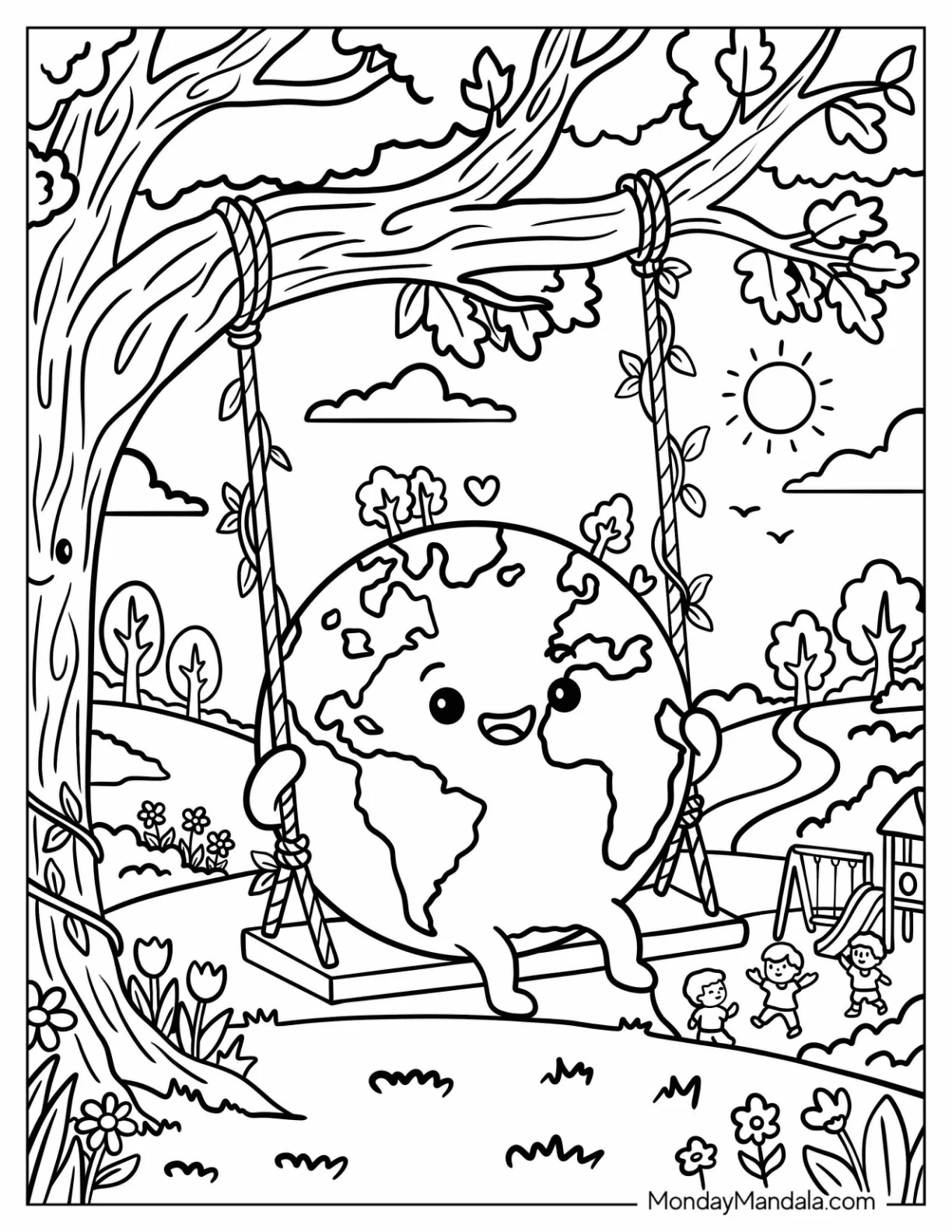Earth Riding a Tree Swing in a Sunny Park Coloring Sheet coloring page