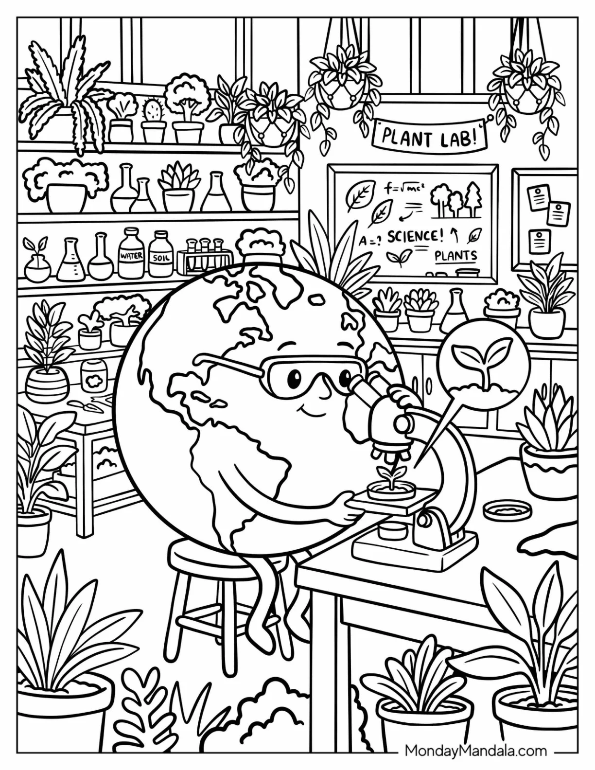 Earth Scientist Examining a Plant Under a Microscope Coloring Page coloring page — printable line art