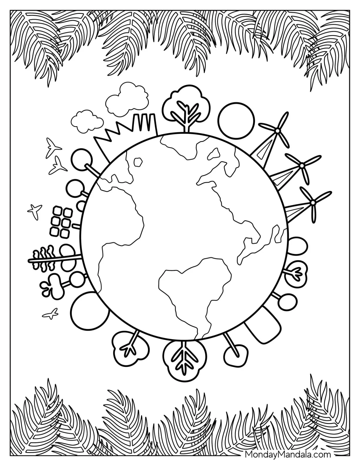 Earth Surrounded By Trees, Windmills, And Solar Panels coloring page — printable line art