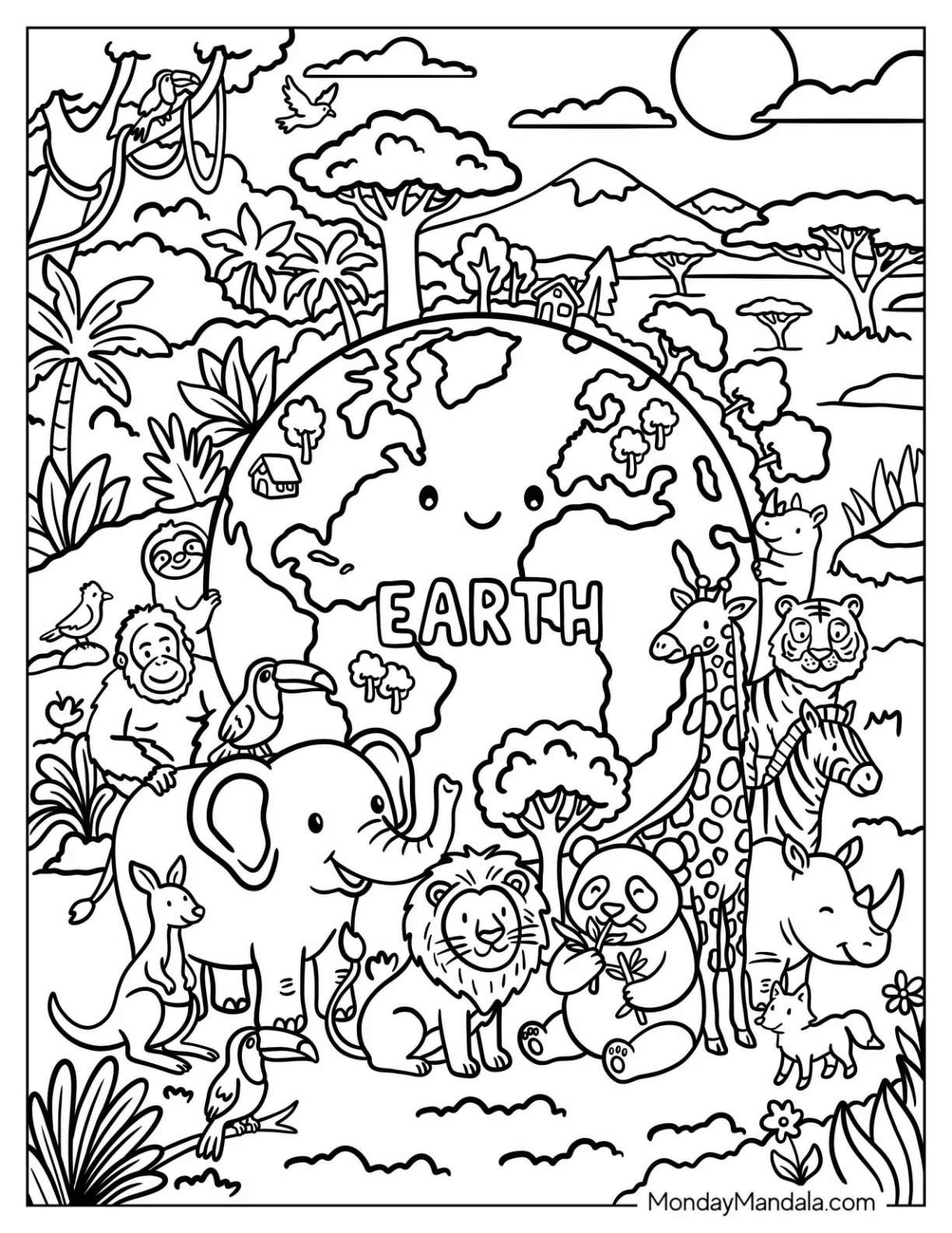 Earth Surrounded by Wild Animals in a Tropical Habitat Coloring Page coloring page — printable line art