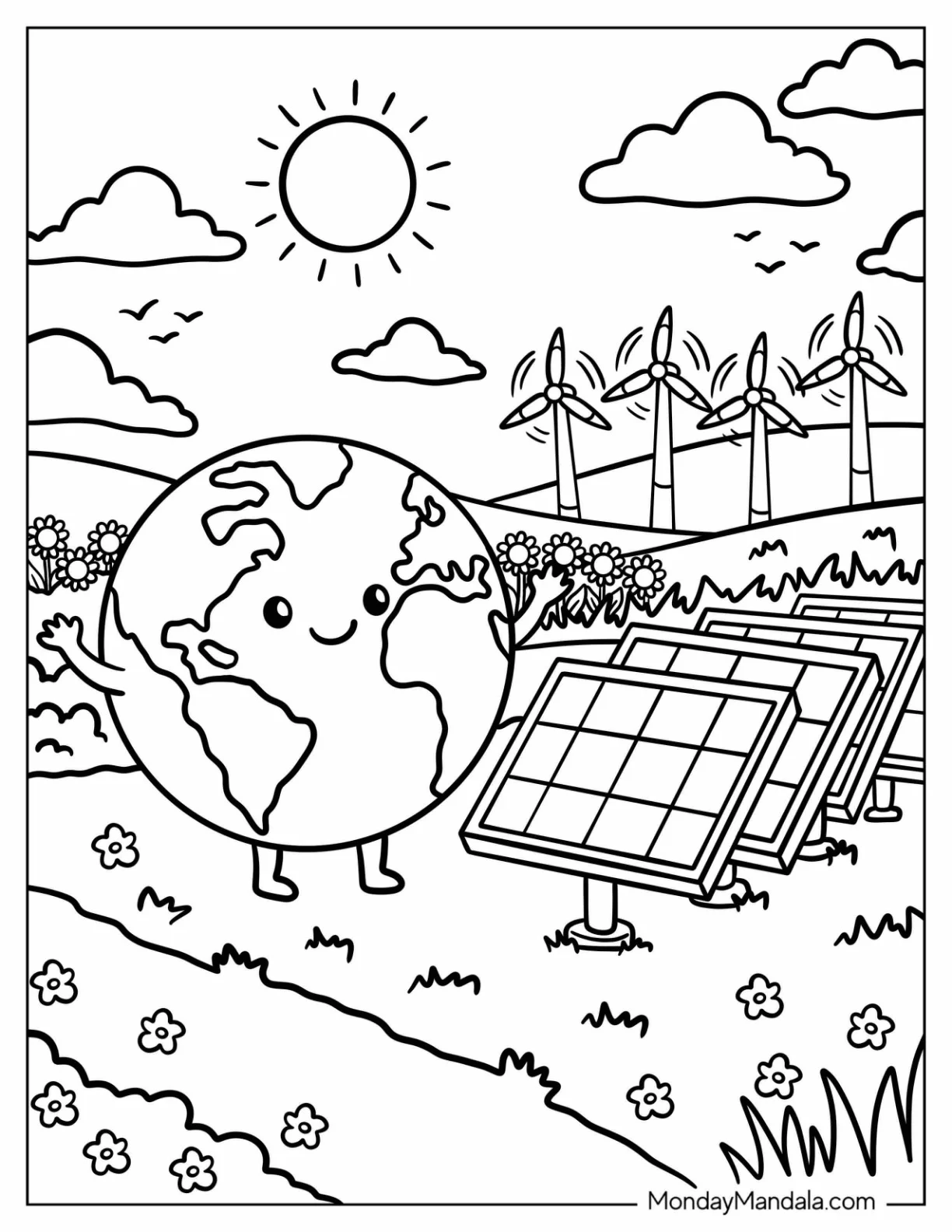 Earth Visiting a Solar and Wind Energy Farm Coloring Sheet coloring page