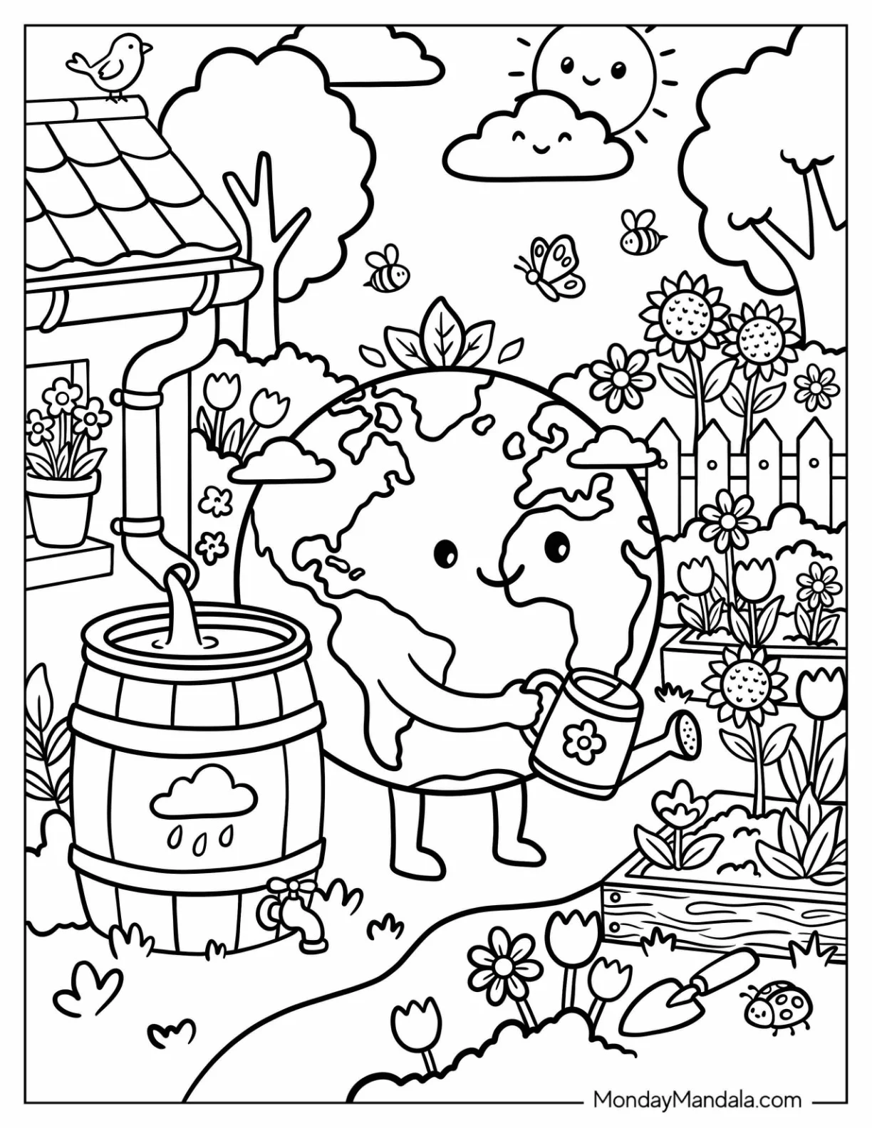 Earth Watering Flowers in a Thriving Garden Coloring Page coloring page