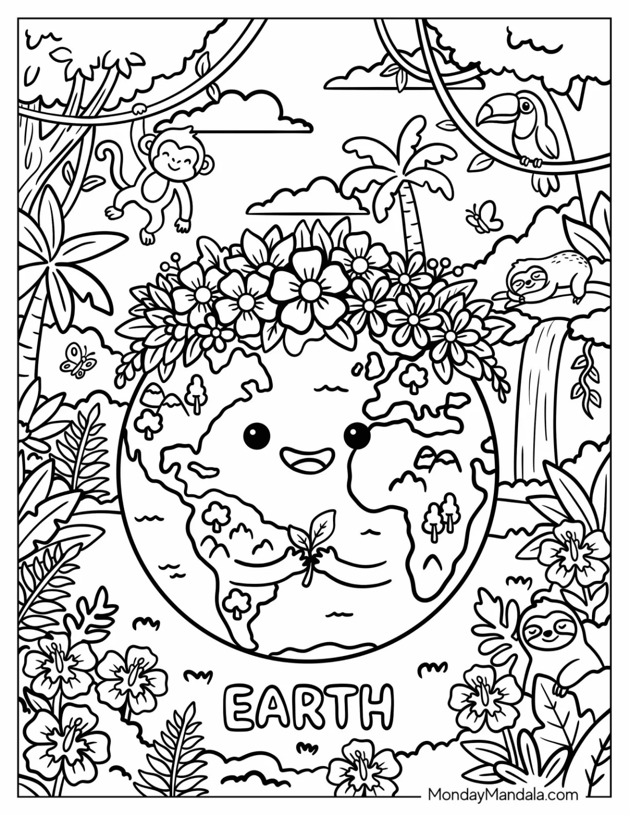 Earth Wearing a Flower Crown Among Tropical Animals Coloring Sheet coloring page