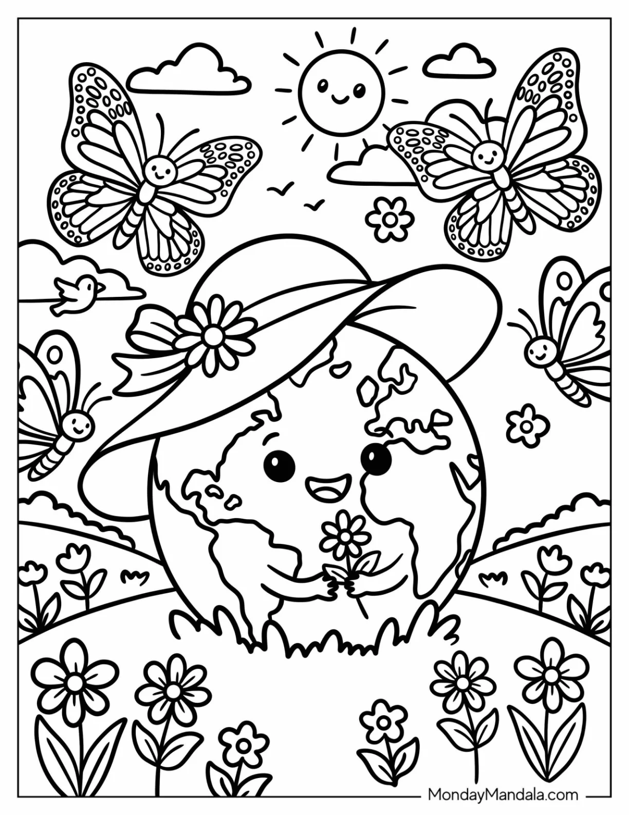 Earth Wearing a Sun Hat in a Butterfly Garden Coloring Page for Kids coloring page — printable line art