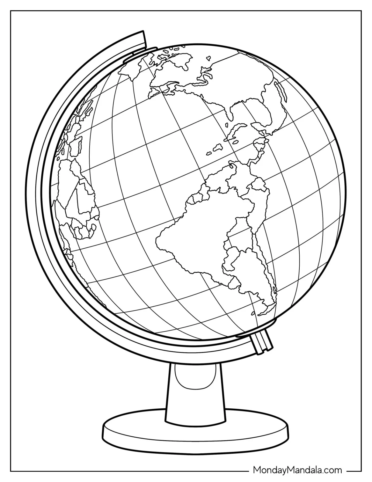 Globe With Longitude And Latitude Lines On A Dowel coloring page — printable line art