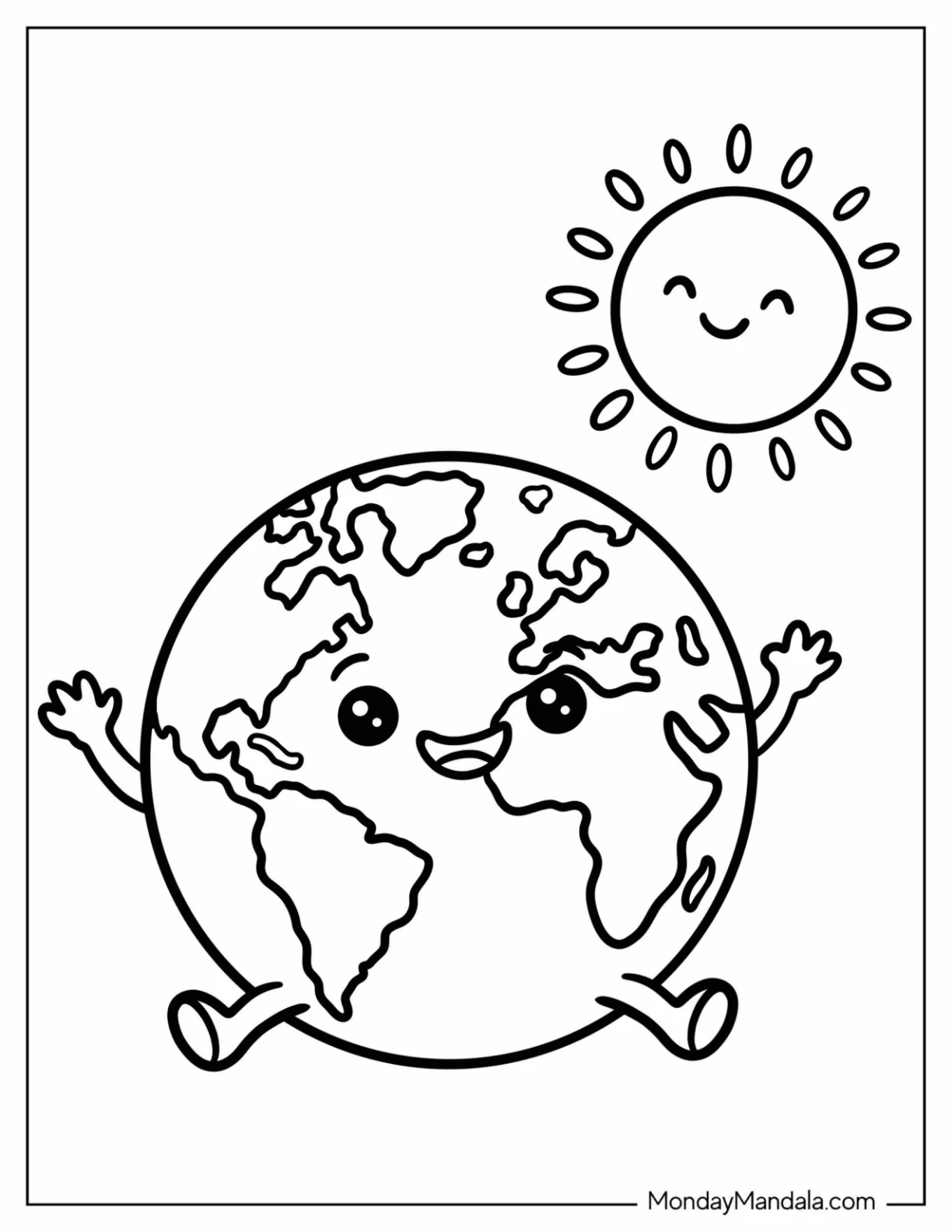 Happy Earth Sitting Beneath a Shining Sun Coloring Page for Preschoolers coloring page