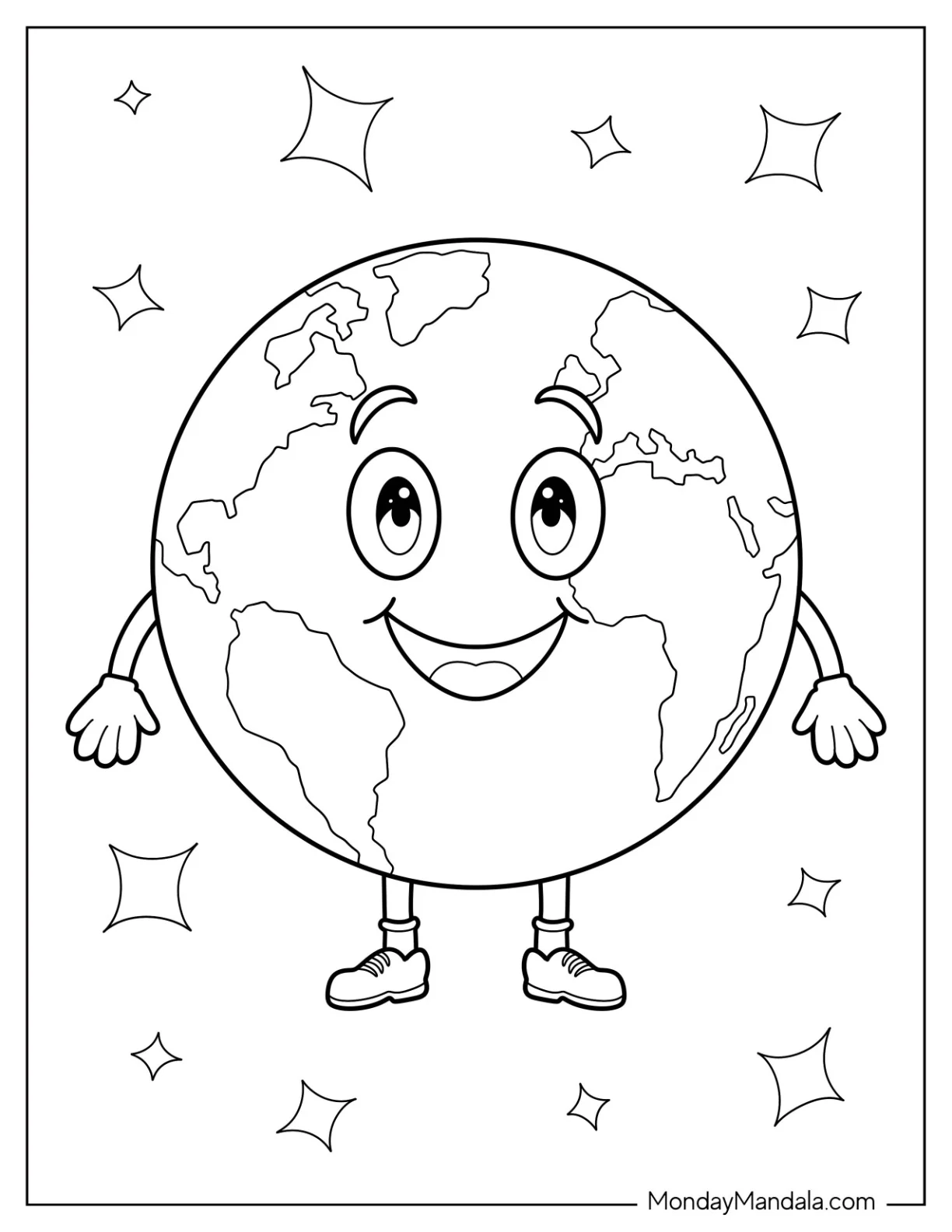 Happy Little Earth With Sparkling Background coloring page — printable line art