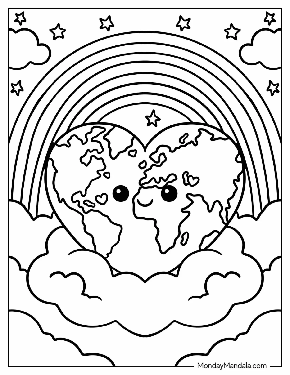 Heart Shaped Earth Beneath a Rainbow and Stars Coloring Sheet for Kids coloring page — printable line art