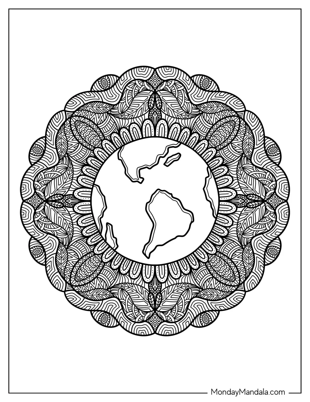 Intricate Earth Mandala Coloring Page coloring page — printable line art