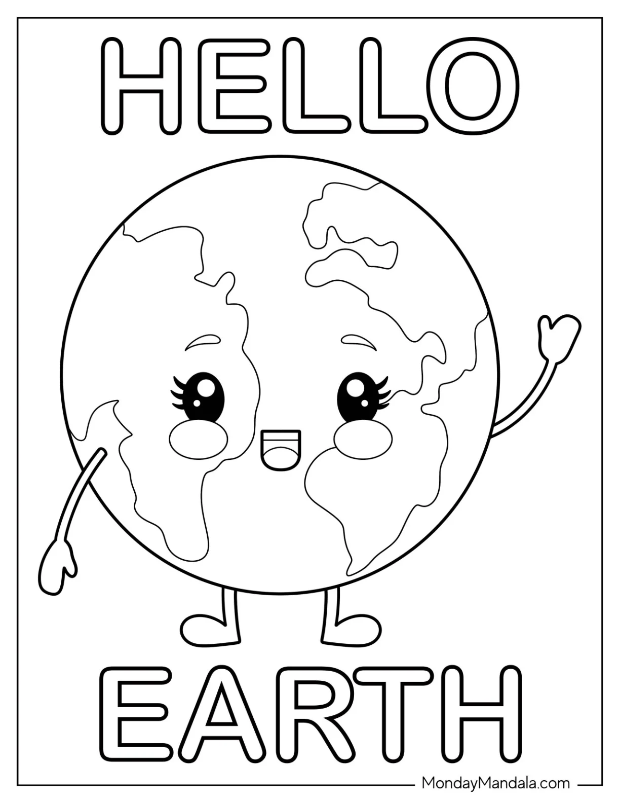 Kawaii Earth Waving Coloring Sheet For Preschoolers coloring page — printable line art