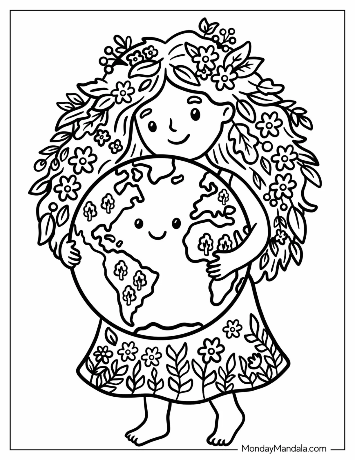 Mother Earth Hugging the Planet with Flowers and Leaves Coloring Page for Kids coloring page