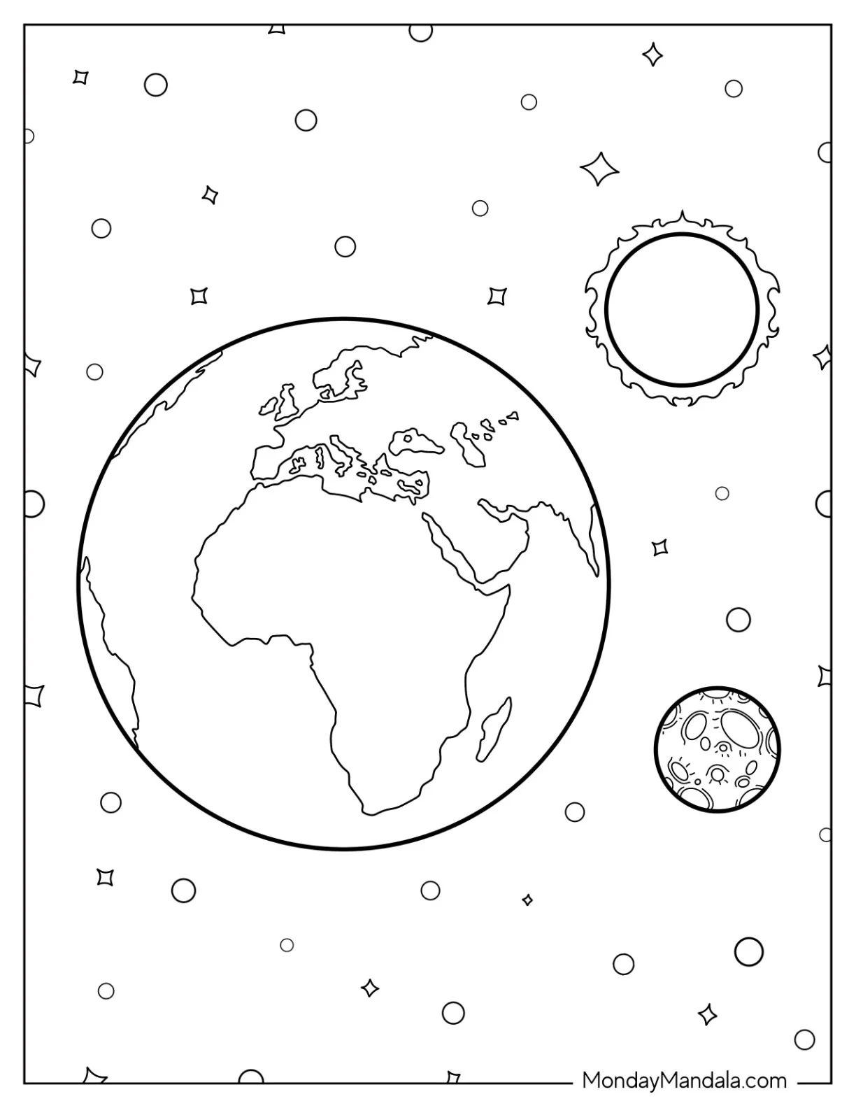 Realistic Earth With Sun And Moon In Outer Space Coloring Sheet coloring page — printable line art