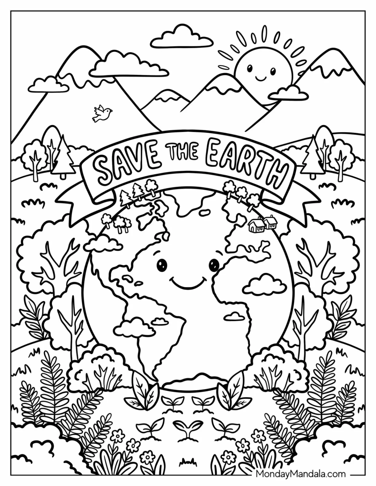 Save the Earth Surrounded by Forests and Mountains coloring page
