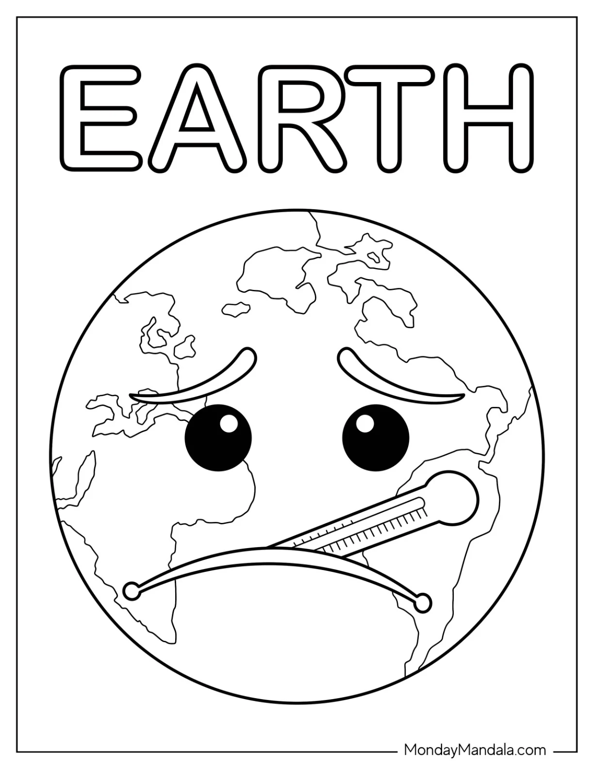 Sick Earth With A Thermometer In Its Mouth coloring page — printable line art