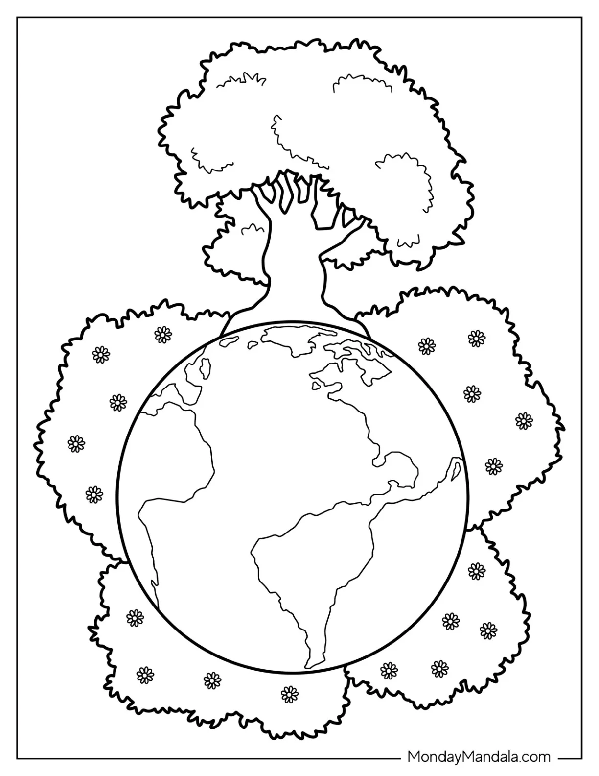 Tree And Flower Bushes Growing Around Earth Coloring Page coloring page