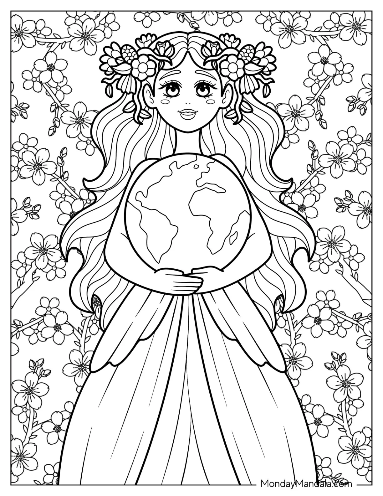 Woman With Flower Crown Hugging Earth Coloring Sheet coloring page