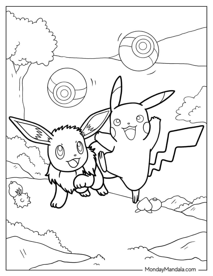 Coloring Sheet Of Eevee Playing With Pikachu coloring page