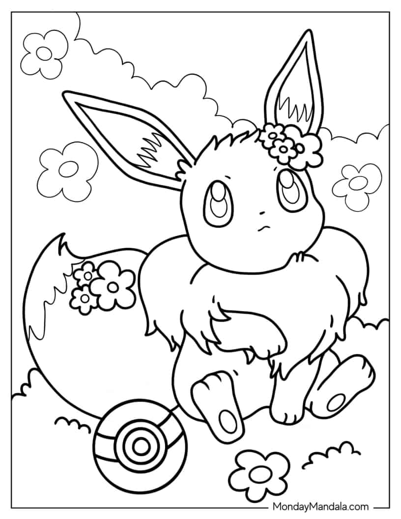 Cute Eevee With Flowers Coloring Sheet coloring page