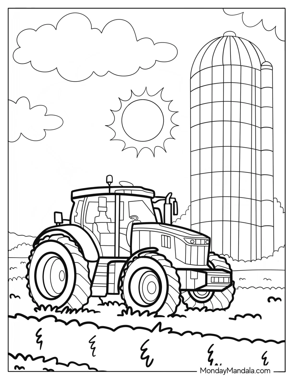 Big Farm Coloring Page of Tractor Parked Beside a Tall Silo Under the Sun coloring page — printable line art