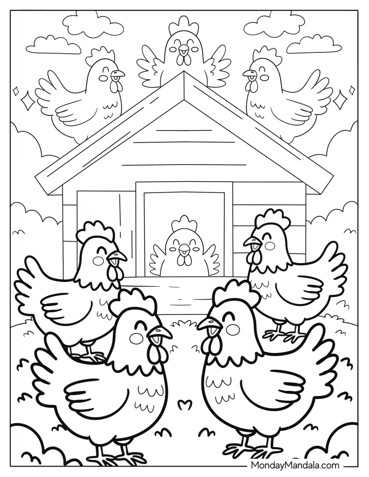Busy Chicken Coop with Hens Roaming Around the Farm Coloring Page for Preschoolers coloring page