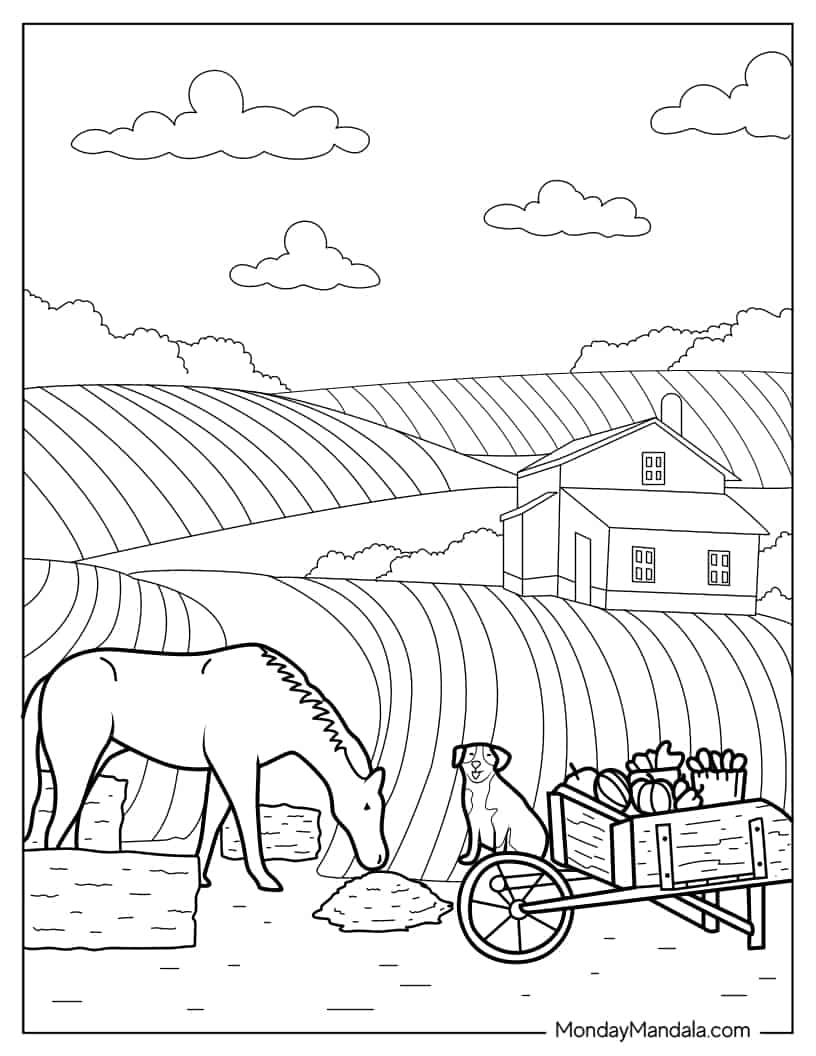 Coloring Page Of a Farm With Fields And Animals coloring page — printable line art