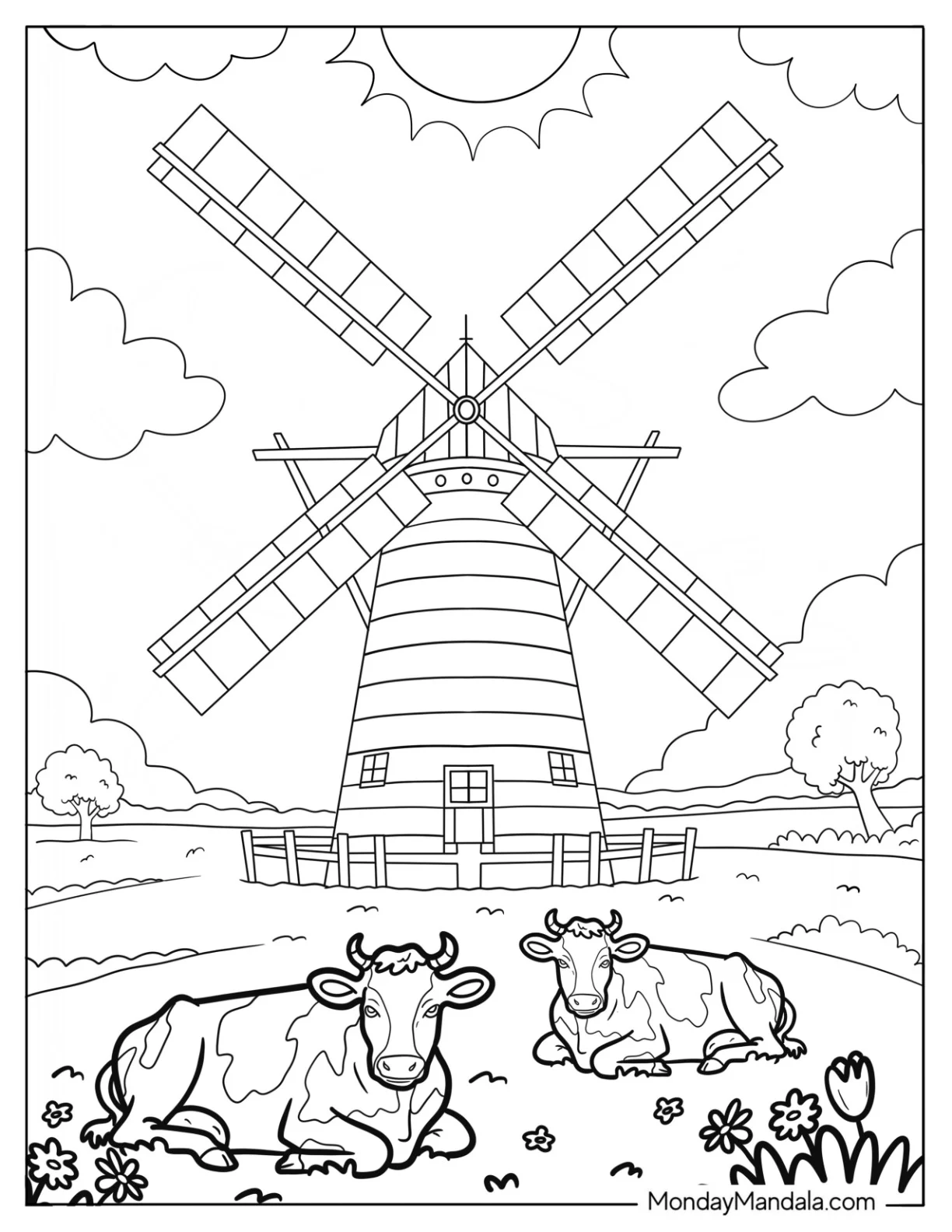 Cows Resting in Front of a Tall Farm Coloring Page Windmill coloring page