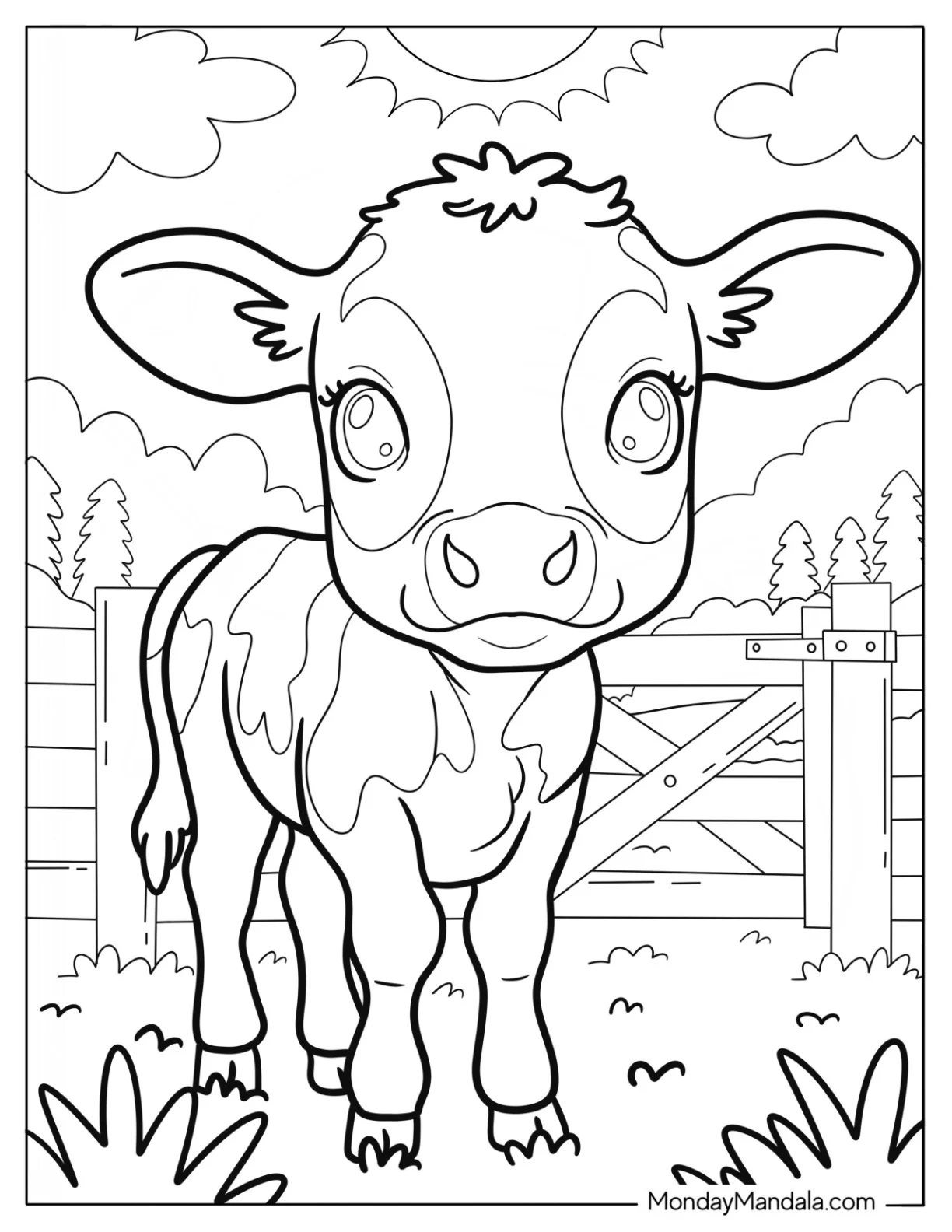 Cute Calf Standing Near the Farm Coloring Page Gate for Preschoolers coloring page — printable line art
