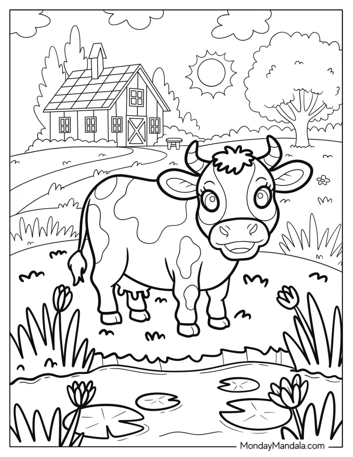 Cute Farm Coloring Page Cow Standing by a Lily Pond for Kids coloring page