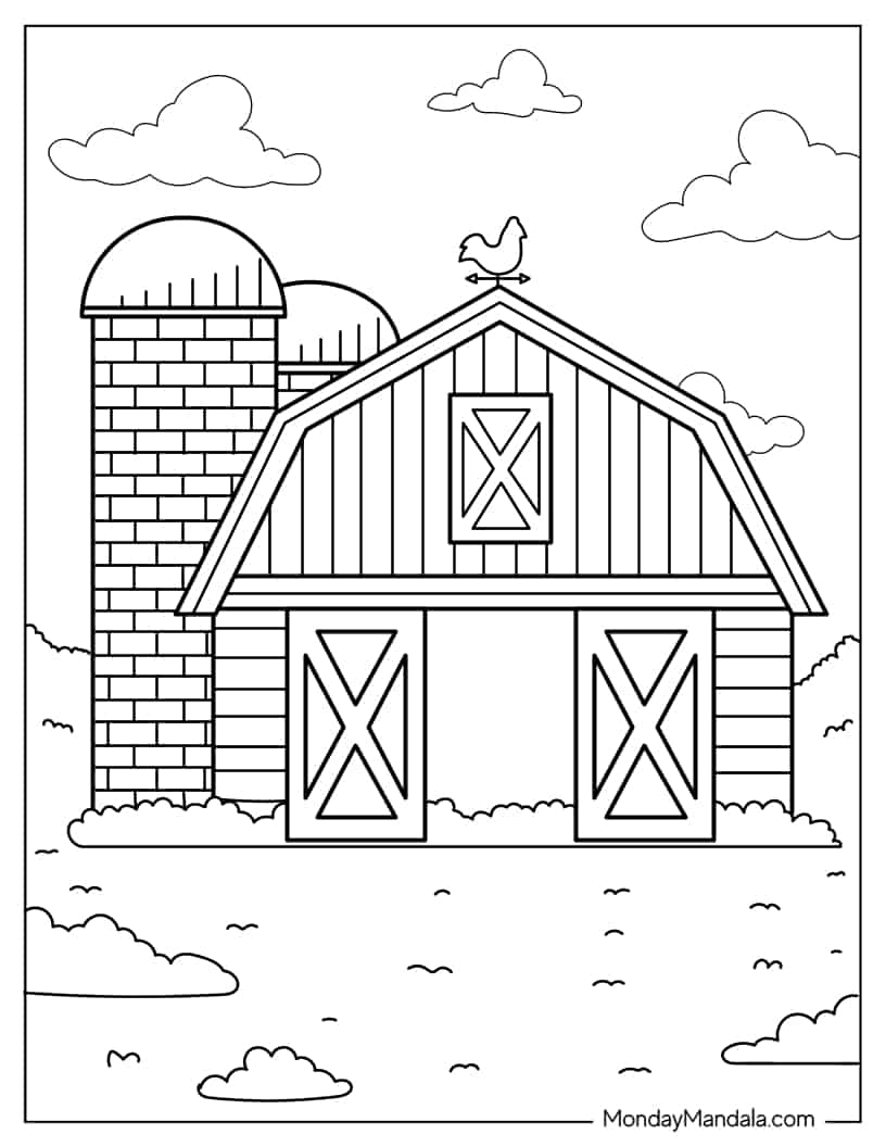 Detailed Farm Barn With Silo coloring page — printable line art