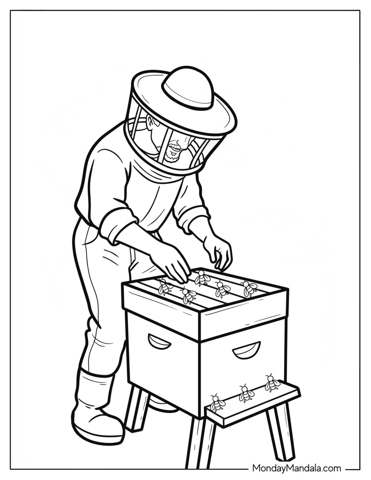 Easy Beekeeper Tending to a Hive on the Farm Coloring Page coloring page — printable line art