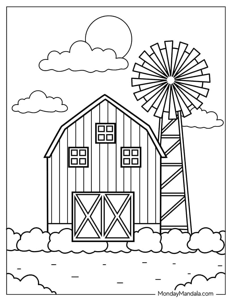 Easy Farm And Windmill To Color coloring page — printable line art