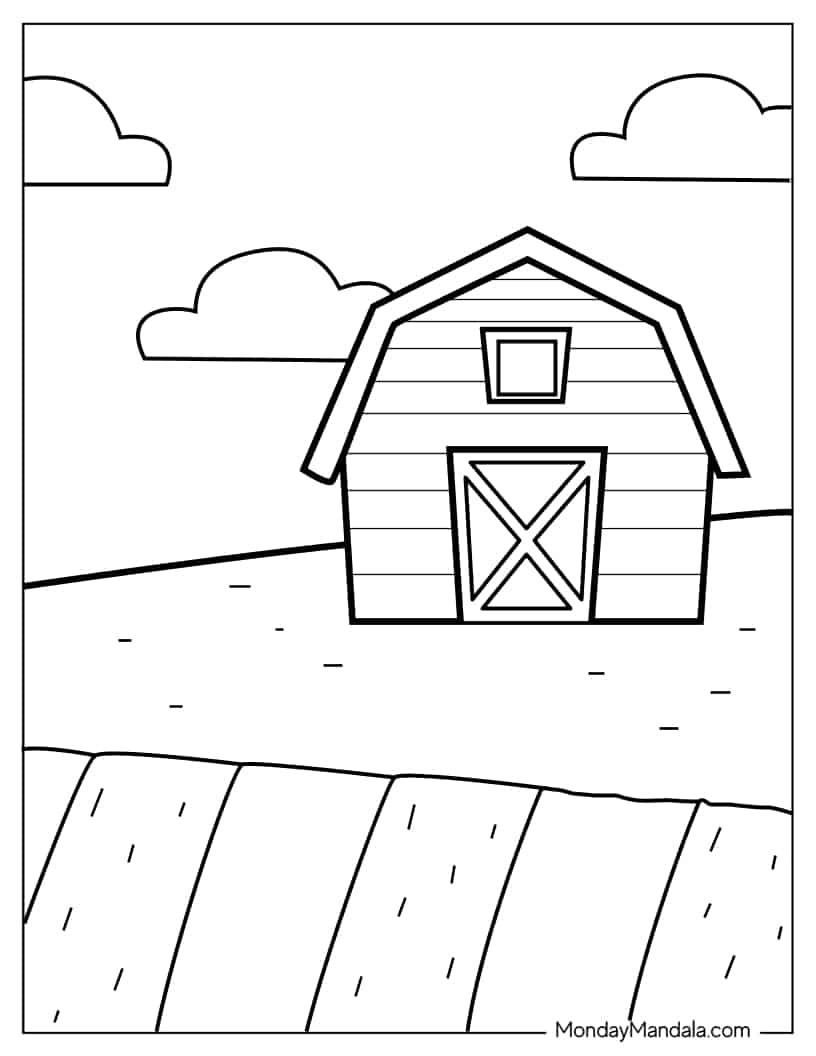 Easy To Color Barn With Fields To Color coloring page