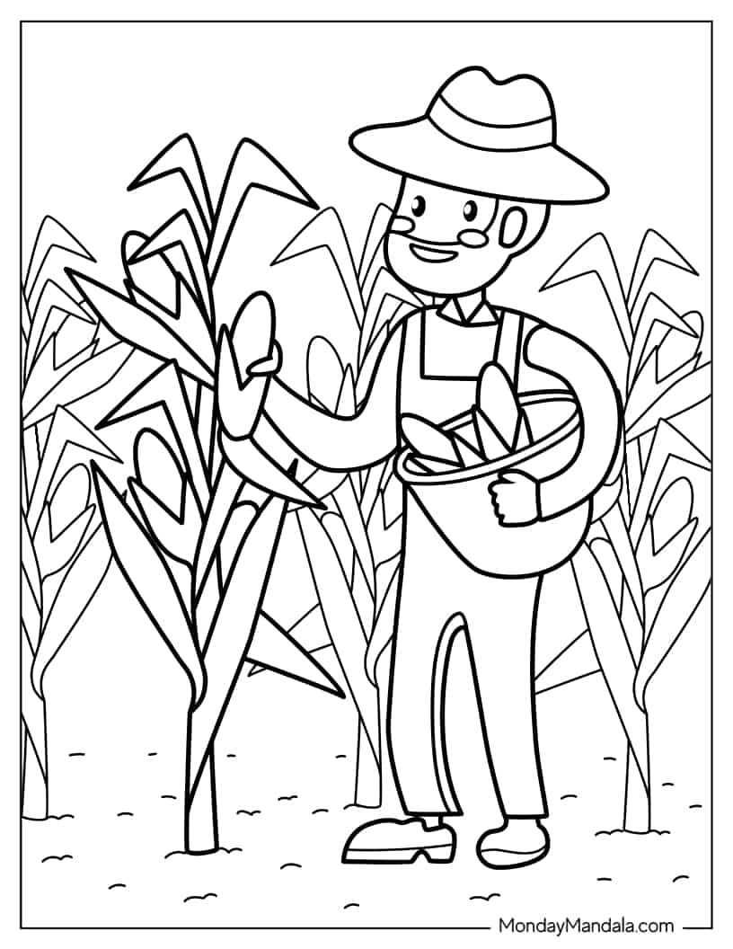 Easy To Color Picture Of Farmer Harvesting Corn coloring page