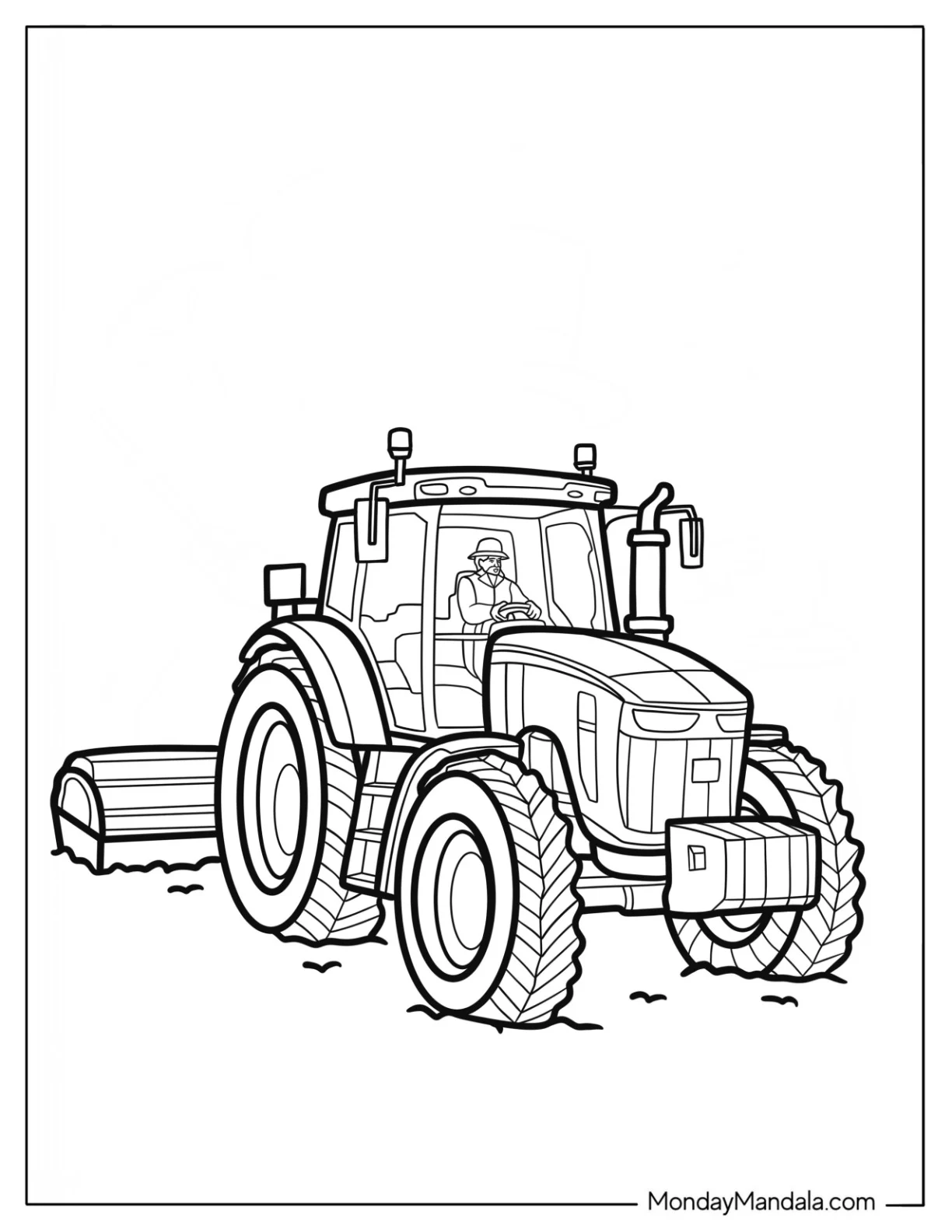 Farm Coloring Page of Farmer Driving a Tractor Through the Fields coloring page — printable line art