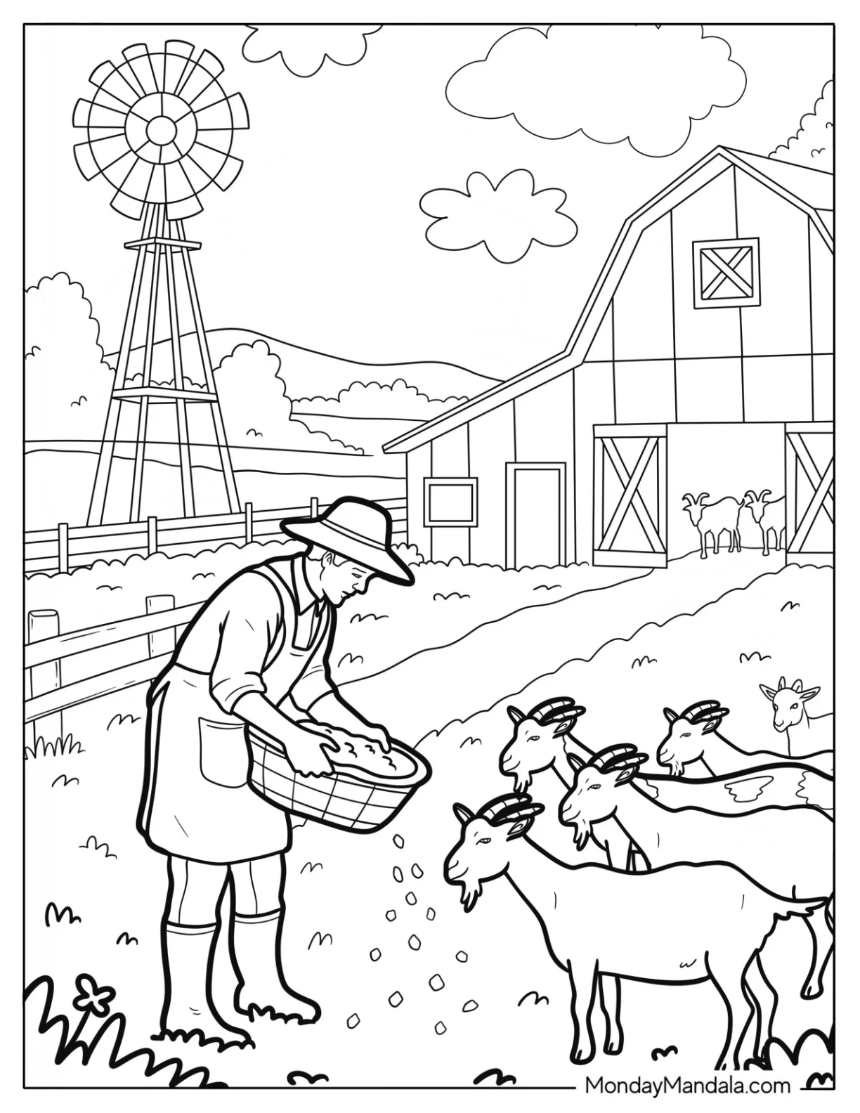 Farm Coloring Page of Farmer Feeding Goats Beside a Barn and Windmill coloring page — printable line art
