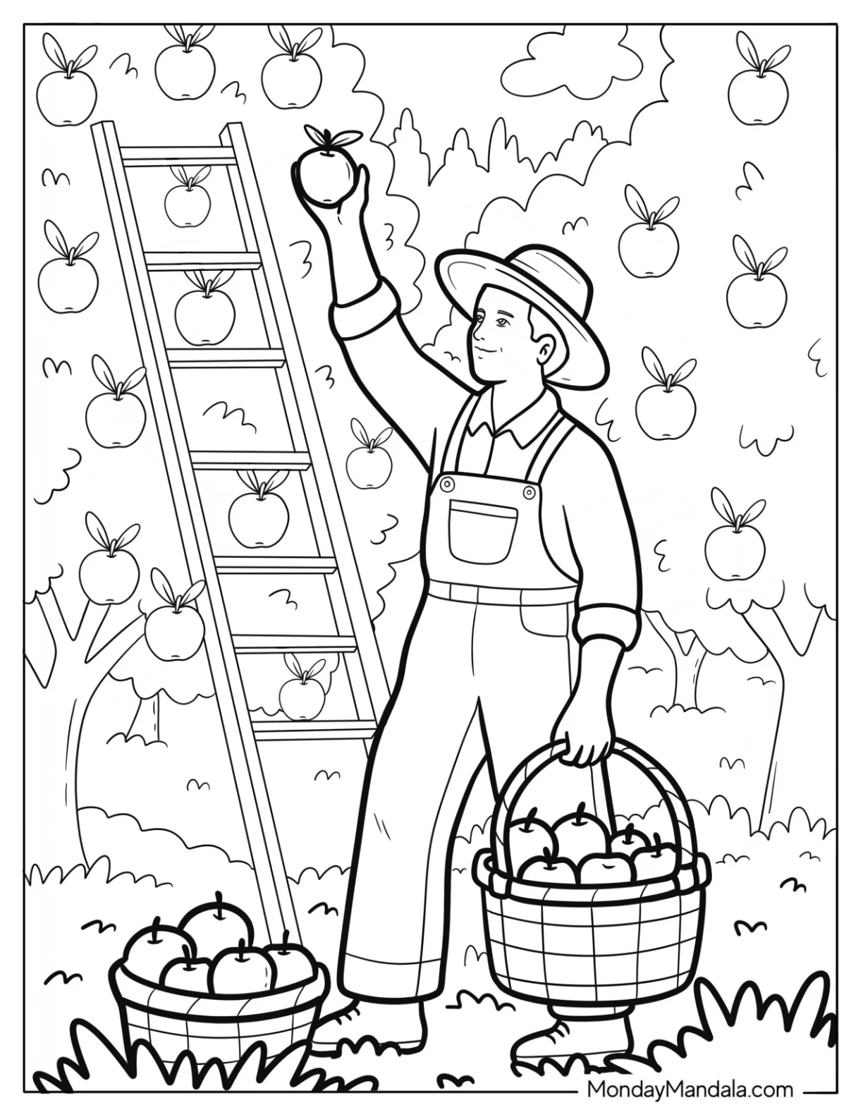 Farm Coloring Page of Farmer Harvesting Apples with Basket and Ladder coloring page — printable line art